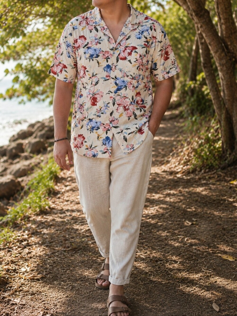 NWT Levi's Cream Floral Camp Collar Shirt Men's Viscose Button-Up Pink Blue Red